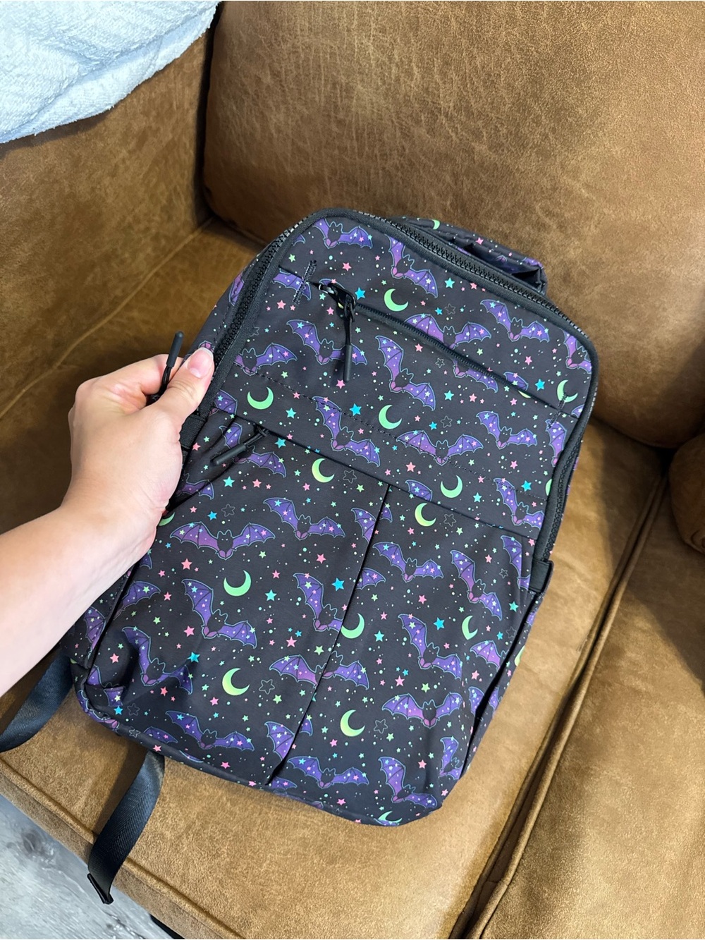 Black Backpack with Purple Bat & Neon Moon Print